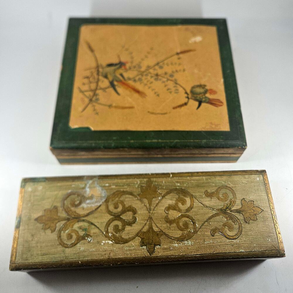 2 Vintage Italian Florentine Wood Tole Gilt Ornate Trinket Jewelry boxes Read